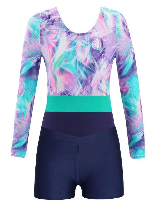 Girls 2pcs Long Sleeve Round Neck Leotard and Shorts Gymnastics Set thumb