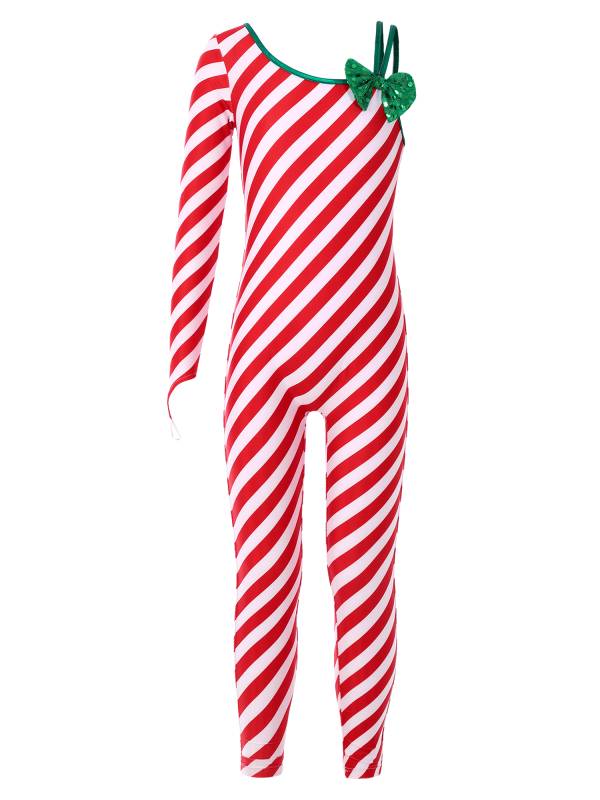 Kids Girls Christmas One Shoulder Long Sleeve Bowknot Stripe Dance Unitard thumb