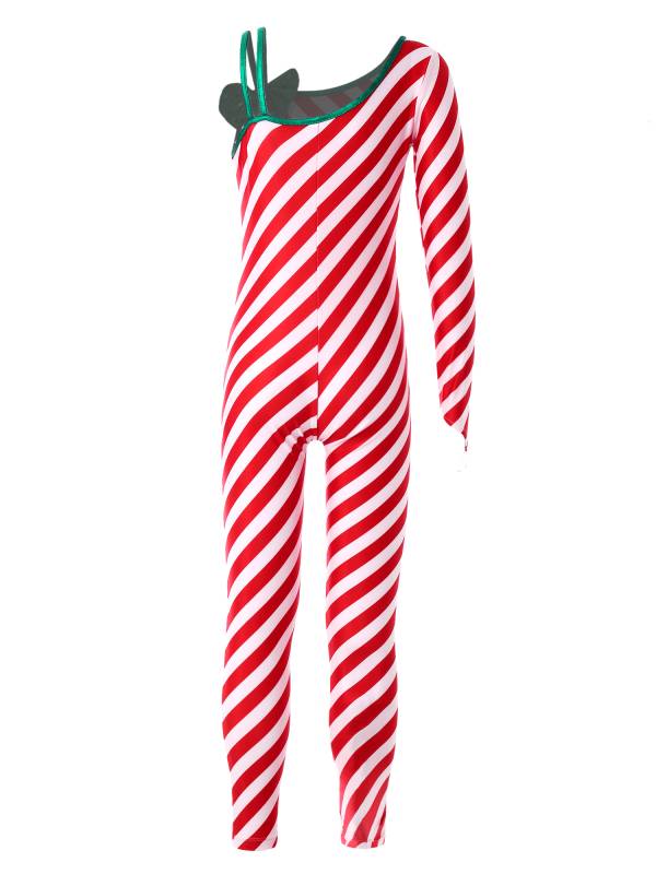 Kids Girls Christmas One Shoulder Long Sleeve Bowknot Stripe Dance Unitard thumb