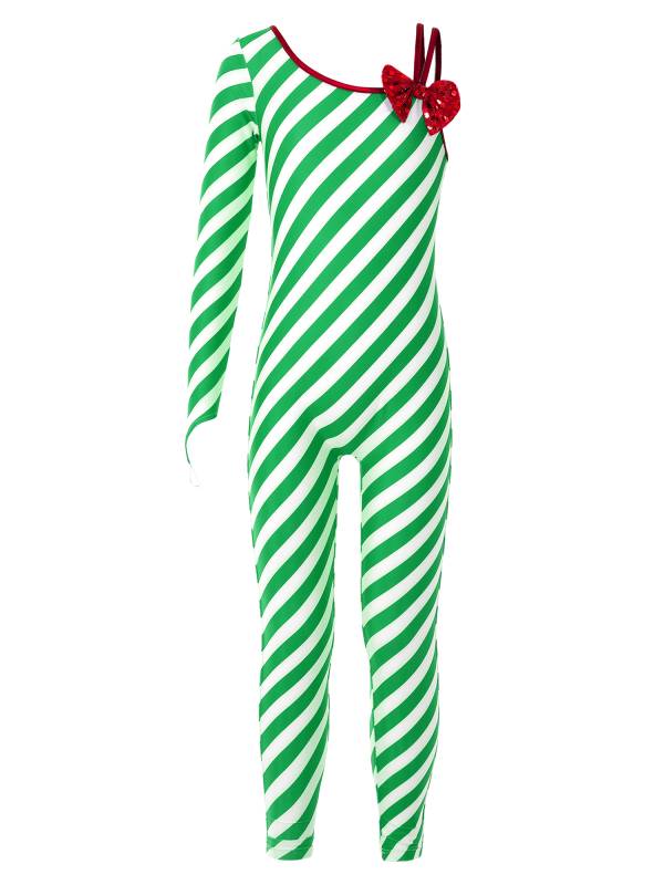 Kids Girls Christmas One Shoulder Long Sleeve Bowknot Stripe Dance Unitard thumb