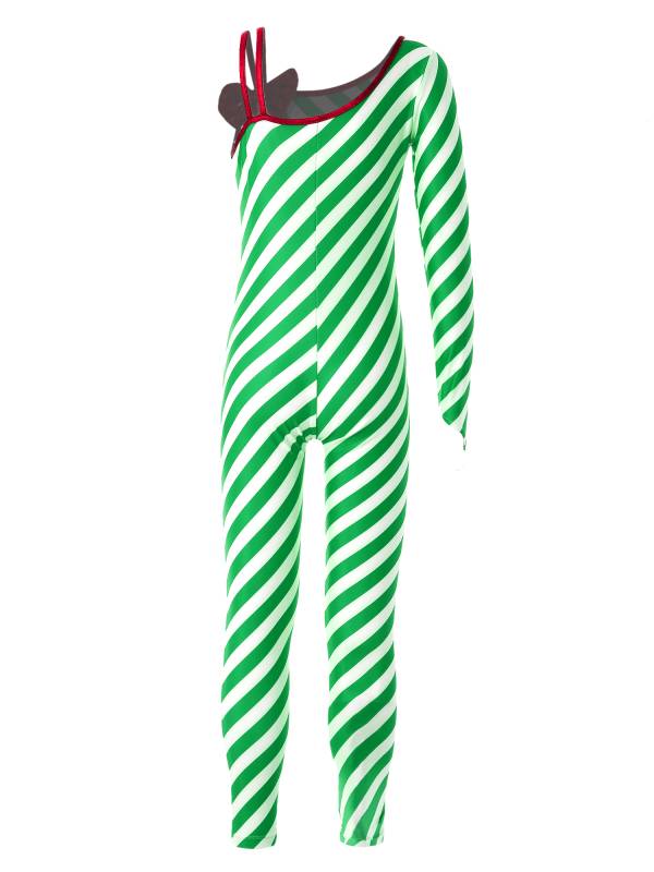Kids Girls Christmas One Shoulder Long Sleeve Bowknot Stripe Dance Unitard thumb