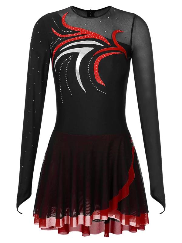 Women Glitter Rhinestone Long Sleeve Skating Dress thumb