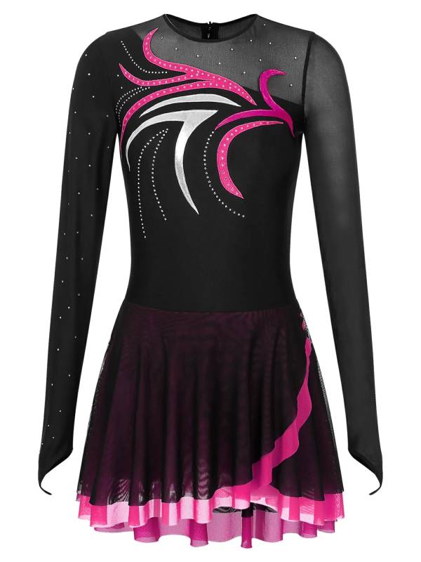 Women Glitter Rhinestone Long Sleeve Skating Dress thumb