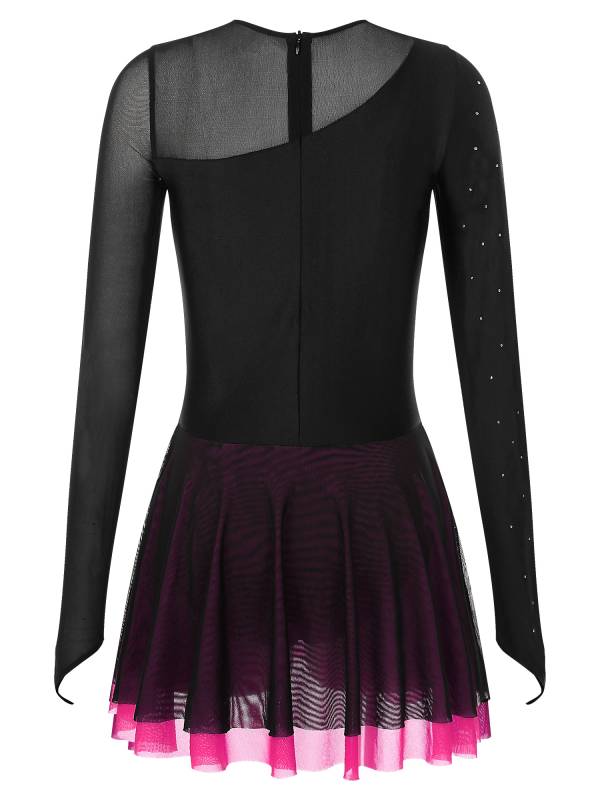 Women Glitter Rhinestone Long Sleeve Skating Dress thumb