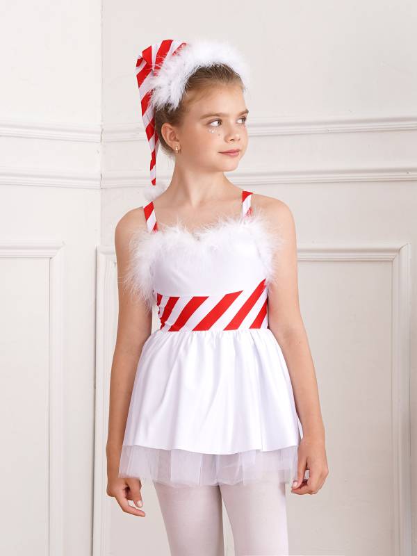 Kids Girls Christmas Feather Striped Sleeveless Tulle Dress with Santa Hat thumb