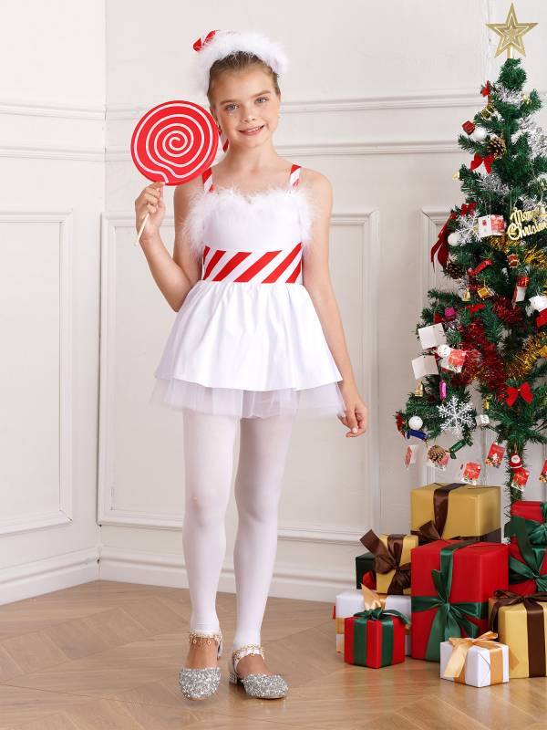 Kids Girls Christmas Feather Striped Sleeveless Tulle Dress with Santa Hat thumb