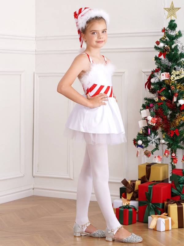 Kids Girls Christmas Feather Striped Sleeveless Tulle Dress with Santa Hat thumb