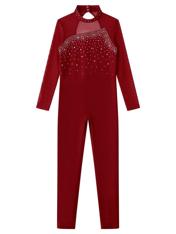 Kids Girls Rhinestone Long Sleeve Jumpsuit Hollow Back Skating Unitard thumb