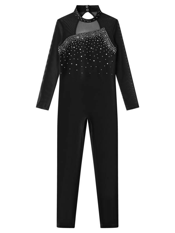 Kids Girls Rhinestone Long Sleeve Jumpsuit Hollow Back Skating Unitard thumb