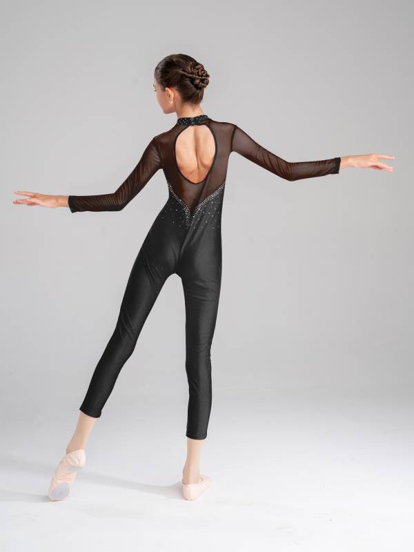 Kids Girls Rhinestone Long Sleeve Jumpsuit Hollow Back Skating Unitard thumb