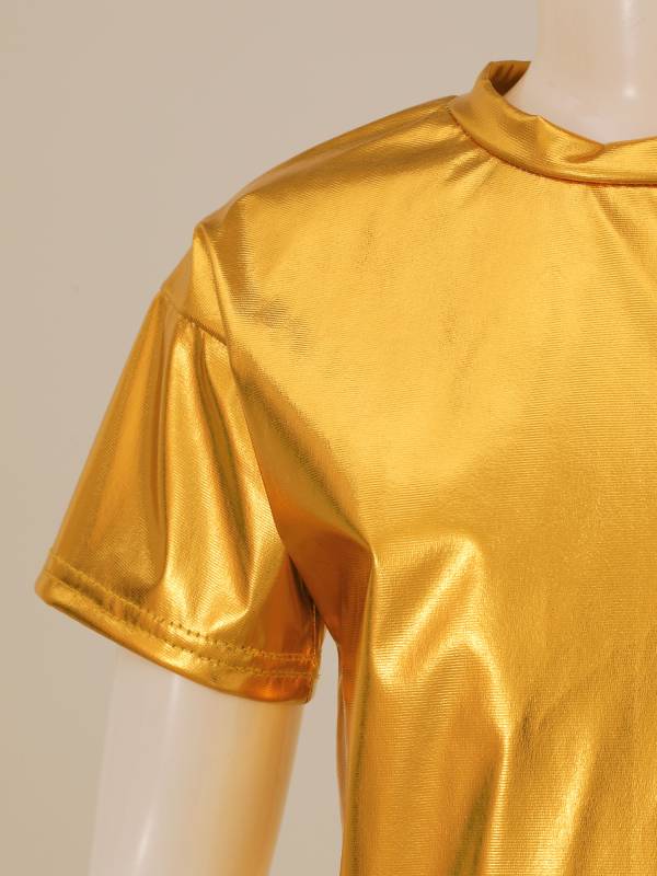 Girls/Boys Metallic Shiny Short Sleeve Round Neck Dance T-shirt thumb