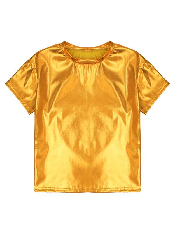 Girls/Boys Metallic Shiny Short Sleeve Round Neck Dance T-shirt thumb