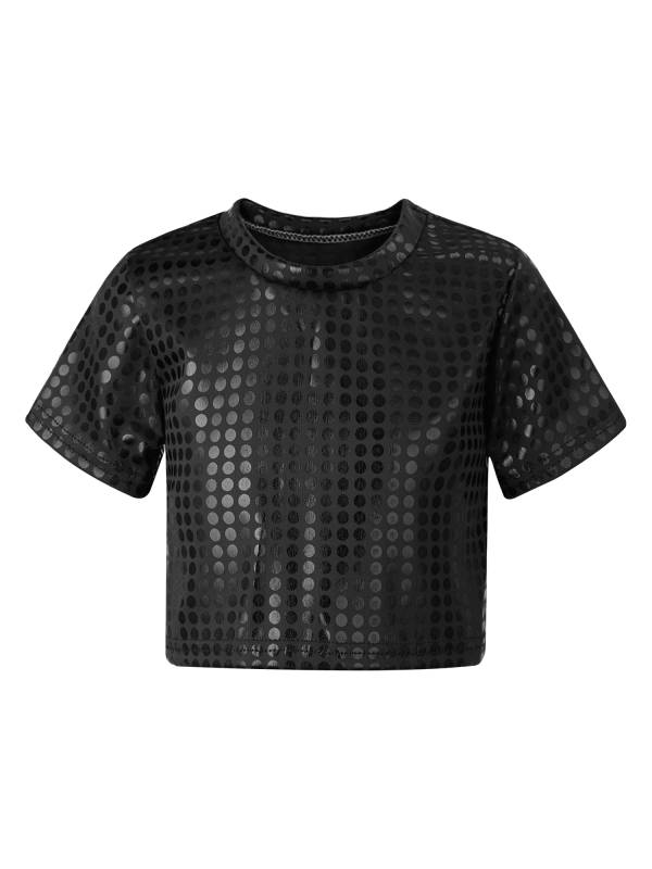 Kids Short Sleeve Round Neckline Shiny Sequins Jazz Dance Crop Top thumb