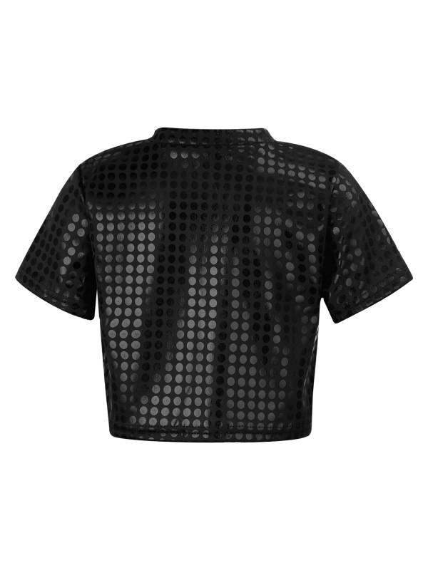 Kids Short Sleeve Round Neckline Shiny Sequins Jazz Dance Crop Top thumb