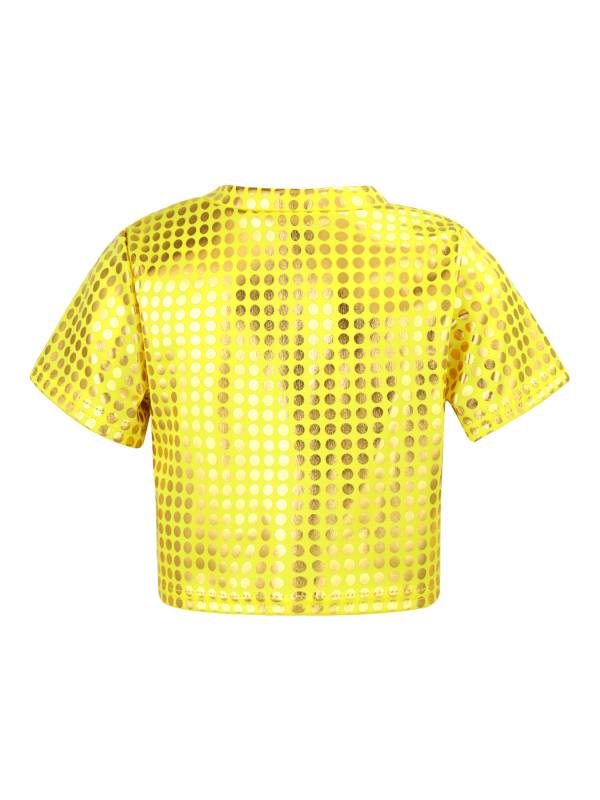 Kids Short Sleeve Round Neckline Shiny Sequins Jazz Dance Crop Top thumb