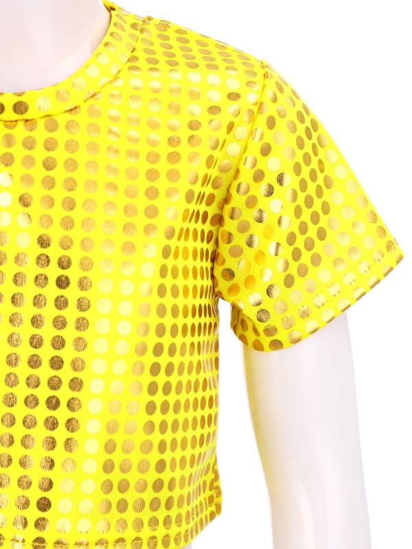 Kids Short Sleeve Round Neckline Shiny Sequins Jazz Dance Crop Top thumb