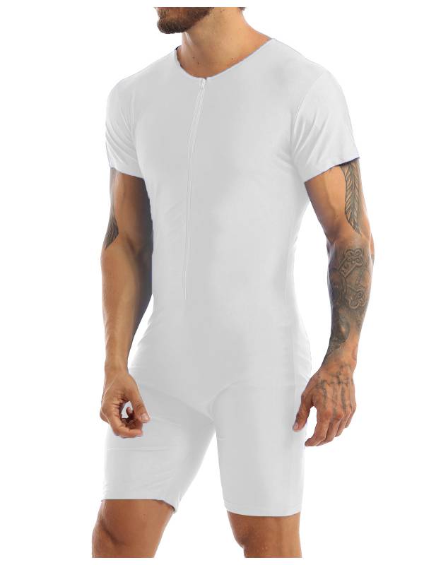 Men Short Sleeve Front Zipper Soft Boxer Briefs Gymnastic Leotard thumb