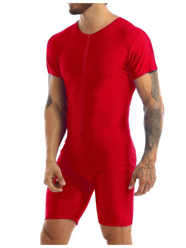 Men Short Sleeve Front Zipper Soft Boxer Briefs Gymnastic Leotard thumb