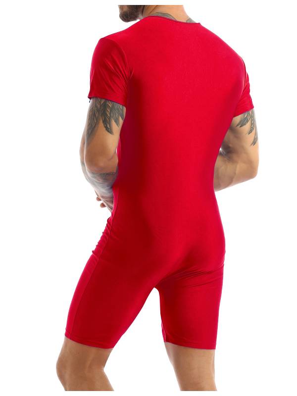 Men Short Sleeve Front Zipper Soft Boxer Briefs Gymnastic Leotard thumb