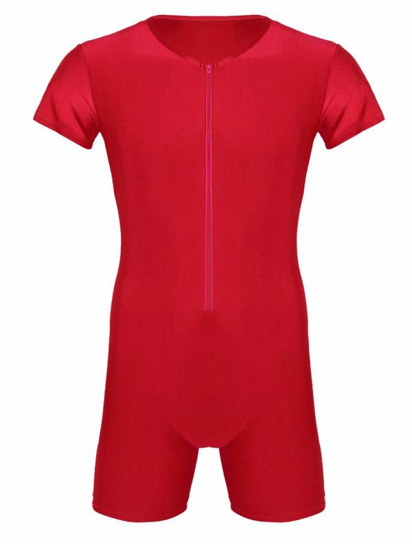 Men Short Sleeve Front Zipper Soft Boxer Briefs Gymnastic Leotard thumb