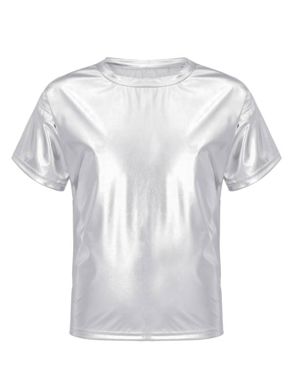 Girls/Boys Metallic Shiny Short Sleeve Round Neck Dance T-shirt thumb