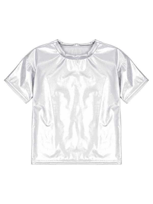Girls/Boys Metallic Shiny Short Sleeve Round Neck Dance T-shirt thumb