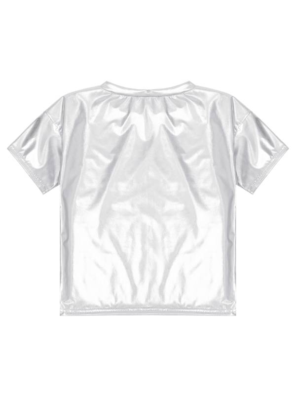 Girls/Boys Metallic Shiny Short Sleeve Round Neck Dance T-shirt thumb