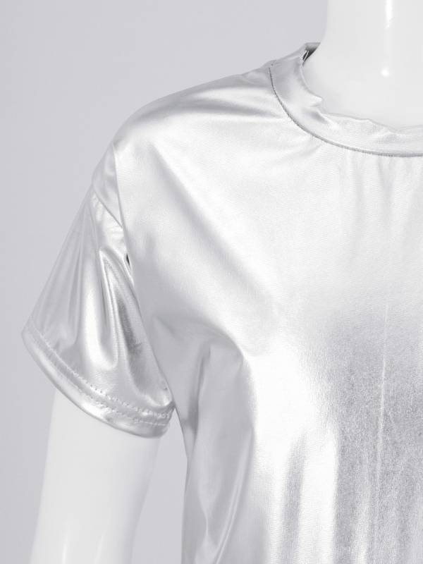 Girls/Boys Metallic Shiny Short Sleeve Round Neck Dance T-shirt thumb
