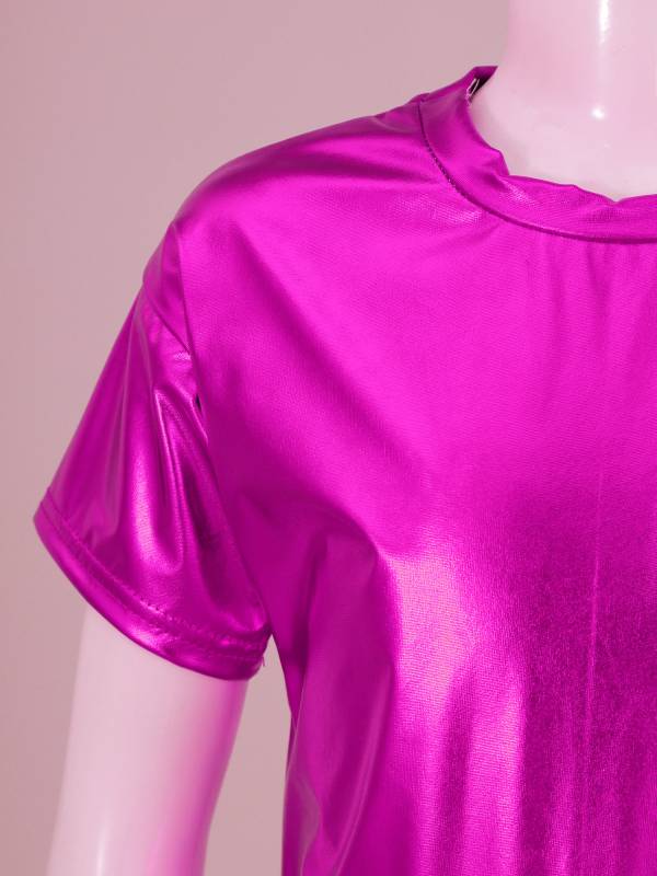 Girls/Boys Metallic Shiny Short Sleeve Round Neck Dance T-shirt thumb