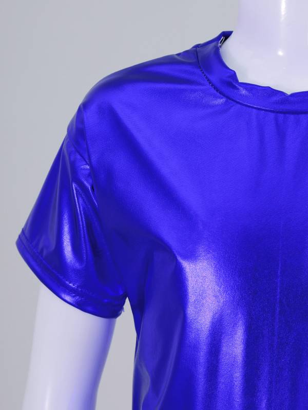 Girls/Boys Metallic Shiny Short Sleeve Round Neck Dance T-shirt thumb