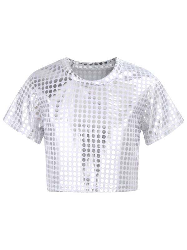 Kids Short Sleeve Round Neckline Shiny Sequins Jazz Dance Crop Top thumb