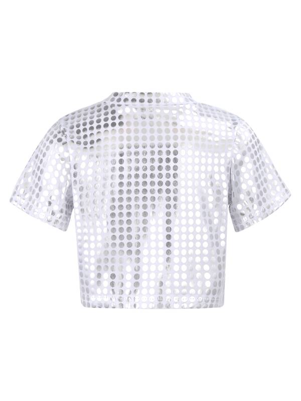 Kids Short Sleeve Round Neckline Shiny Sequins Jazz Dance Crop Top thumb