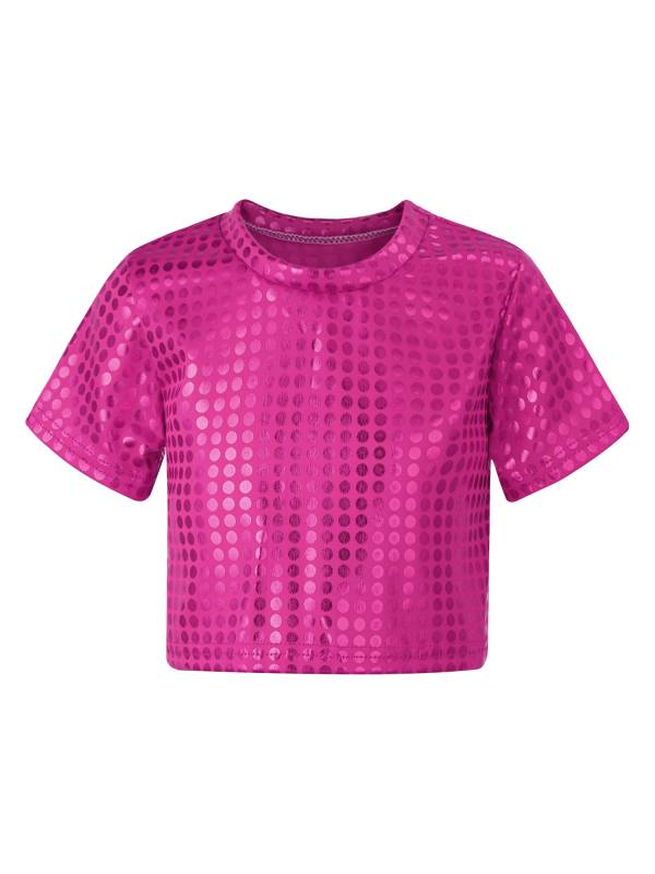 Kids Short Sleeve Round Neckline Shiny Sequins Jazz Dance Crop Top thumb