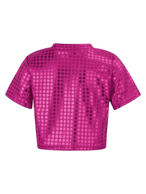 Kids Short Sleeve Round Neckline Shiny Sequins Jazz Dance Crop Top thumb