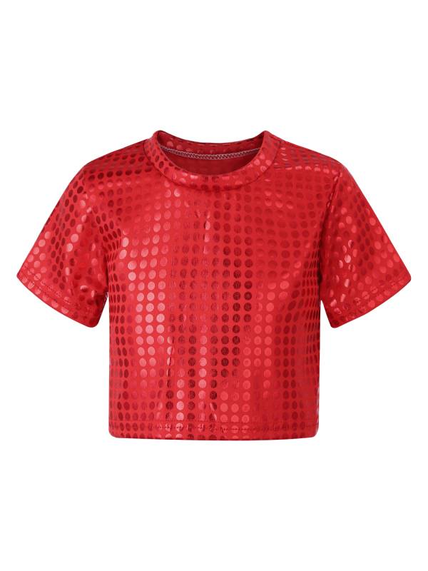 Kids Short Sleeve Round Neckline Shiny Sequins Jazz Dance Crop Top thumb