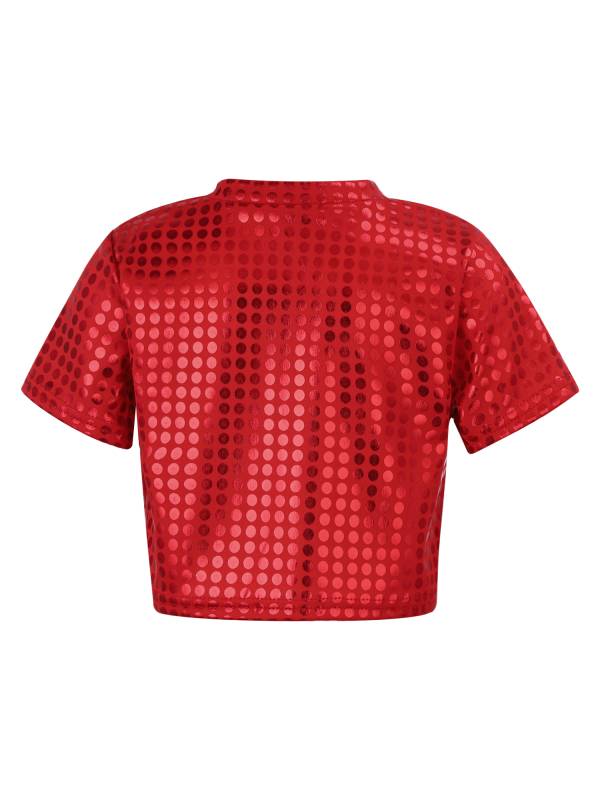 Kids Short Sleeve Round Neckline Shiny Sequins Jazz Dance Crop Top thumb
