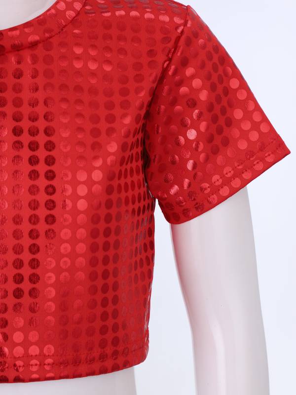 Kids Short Sleeve Round Neckline Shiny Sequins Jazz Dance Crop Top thumb