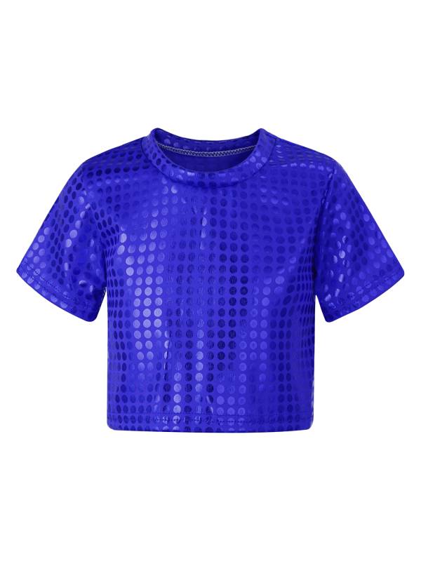 Kids Short Sleeve Round Neckline Shiny Sequins Jazz Dance Crop Top thumb