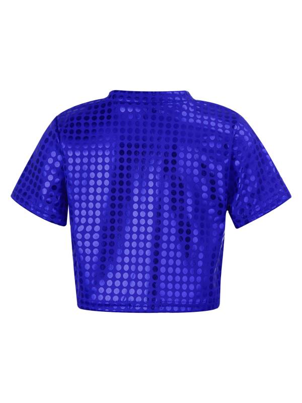 Kids Short Sleeve Round Neckline Shiny Sequins Jazz Dance Crop Top thumb