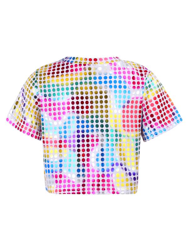 Kids Short Sleeve Round Neckline Shiny Sequins Jazz Dance Crop Top thumb