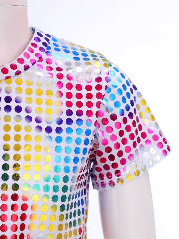 Kids Short Sleeve Round Neckline Shiny Sequins Jazz Dance Crop Top thumb