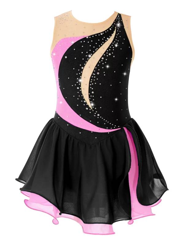 Kids Girls Sleeveless Shiny Rhinestone Ruffle Skating Dance Dress thumb