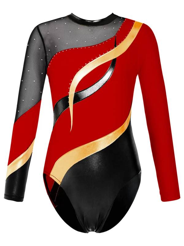 Kids Girls Long Sleeve Hollow Back Shiny Rhinestone Dance Leotard thumb