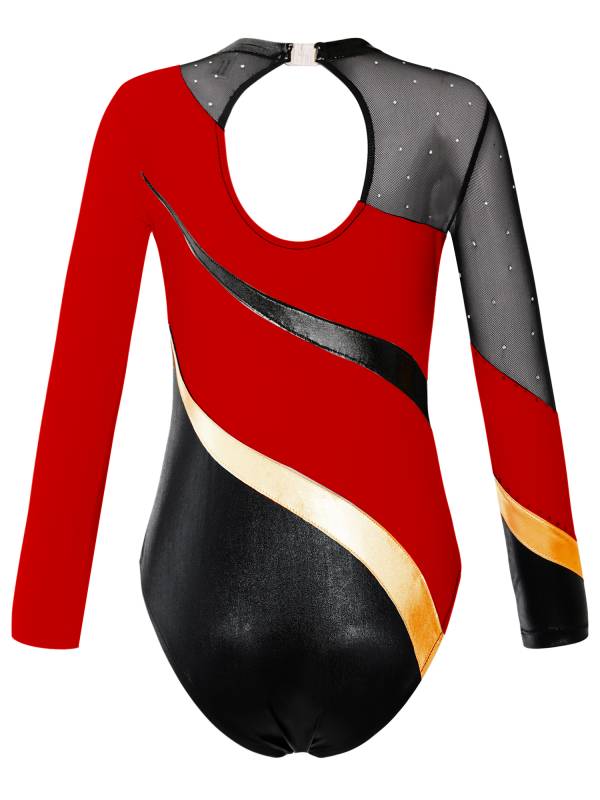 Kids Girls Long Sleeve Hollow Back Shiny Rhinestone Dance Leotard thumb