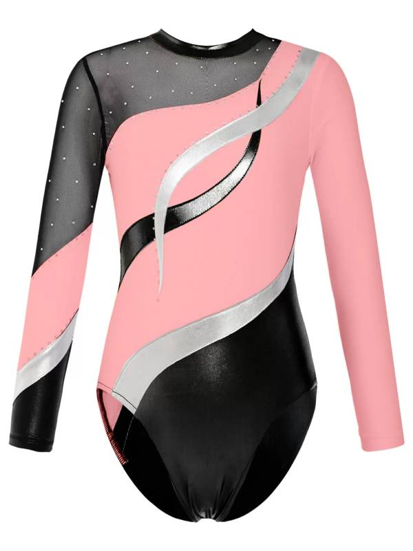 Kids Girls Long Sleeve Hollow Back Shiny Rhinestone Dance Leotard thumb