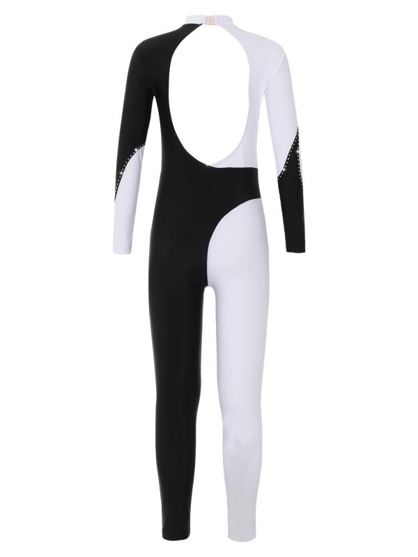 Kids Girls Color Block Long Sleeve Backless Gymnastic Unitard thumb