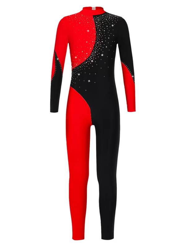Kids Girls Color Block Long Sleeve Backless Gymnastic Unitard thumb