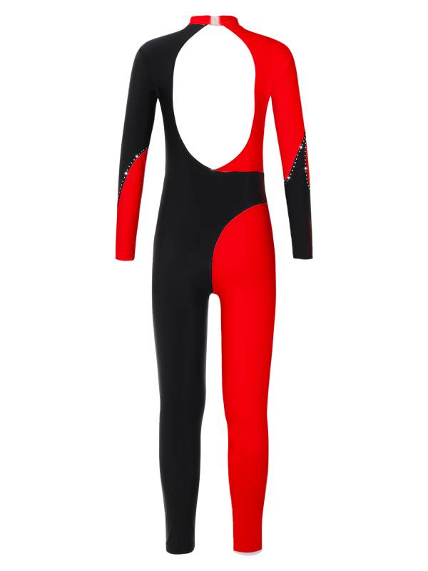 Kids Girls Color Block Long Sleeve Backless Gymnastic Unitard thumb