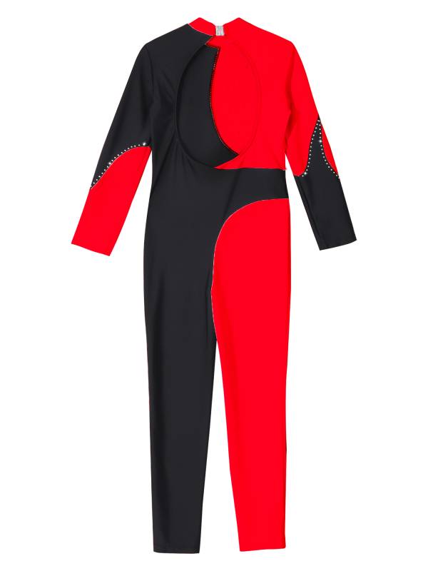 Kids Girls Color Block Long Sleeve Backless Gymnastic Unitard thumb