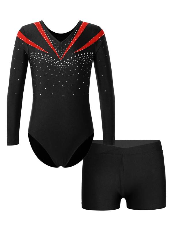 Kids Girls 2pcs Long Sleeve Slim Fit Leotard and Shorts Gymnastics Set thumb